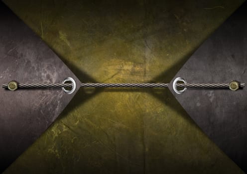 Metallic grunge background with metal cable and bolts heads

