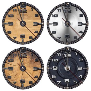 Collection of wooden and metallic grunge clocks on white background

