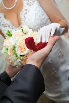 groom gives to bride a gold ring. Love in practice.