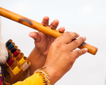 Peruvian Man In Native Costume Playing flute