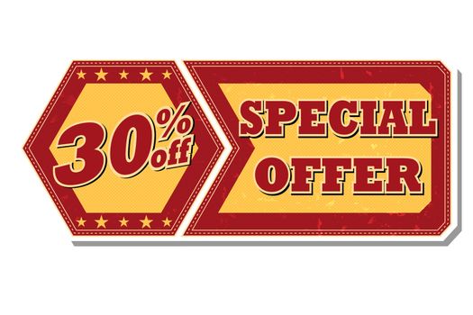 30 percentages off discount special offer - retro style red ocher hexagon and flyer label with text and stars, business concept