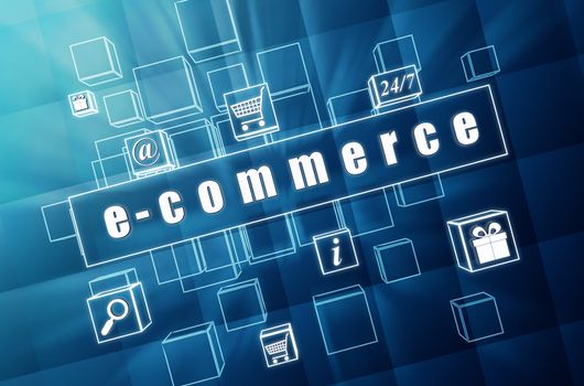 e-commerce and business concept signs - text and symbols in 3d blue glass cubes with white letters