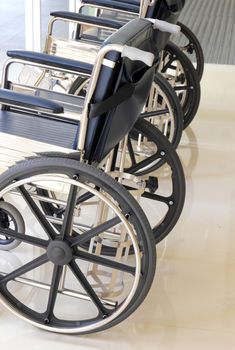 Close up of empty wheelchair in hospital