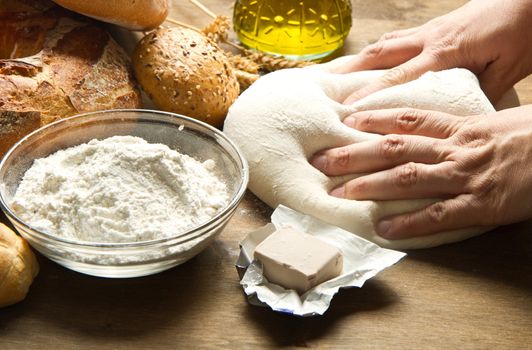 female hands in flour closeup kneading dough on table 