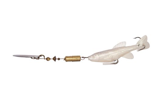 Fish bait with plastic fake white fish isolated on white