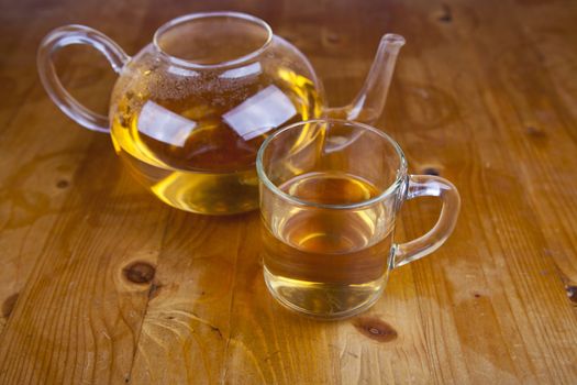 Tea cup with tea on wooden table