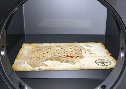 a ruined stretch sheet with a treasure map drawn on it, lies above a shelf inside a heavy metal safe with a circular open door