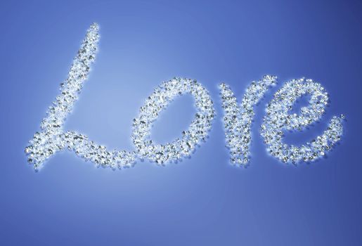 a group of many small diamonds have been put together to form the written "love" on a blue background