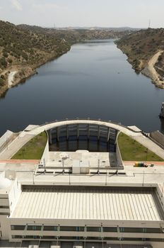 Overview of the downstream side of Alqueva dam in Guadiana river, Alentejo, Portugal