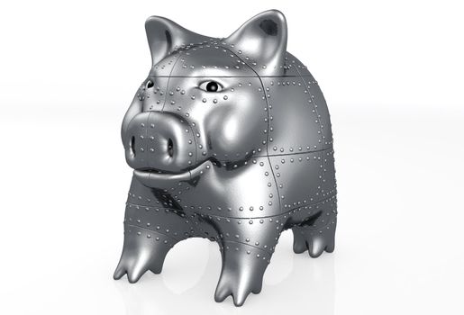 a closeup of a armored piggy bank on a white background is watching into the camera with confident attitude