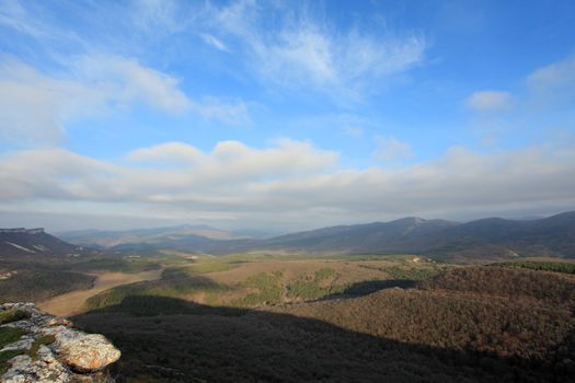 Movement of the clouds on the mountain. Crimea. Ukraine. Plateau Baba-Dag. Cave city Mangup-Kale. XIV-XVIII centuries
