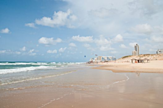 Surf beach. The border cities of Rishon Lezion and Bat Yam. Israel