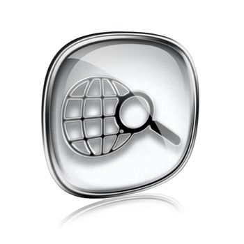 globe and magnifier icon grey glass, isolated on white background.