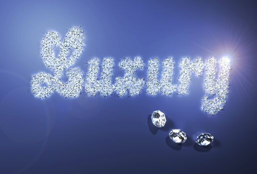 a group of many small diamonds have been put together to form the written "luxury", while three bigger ones are put under it as a decor. All on a blue background