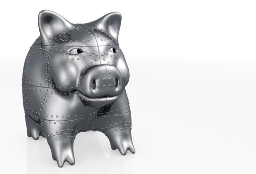 a armored piggy bank on a left side of a white background is watching to the right with confident attitude