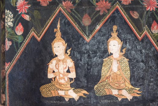 Vintage drawing of Thai buddha gods among men and women, isolated