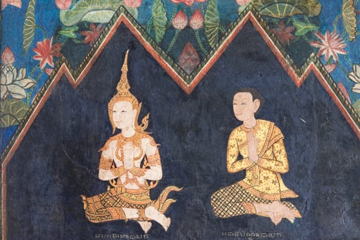 Vintage drawing of Thai buddha gods among men and women, isolated