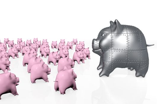 a big armored piggy bank is observed by classic astonished pink piggy banks that stand in front of him in random mode on a white background