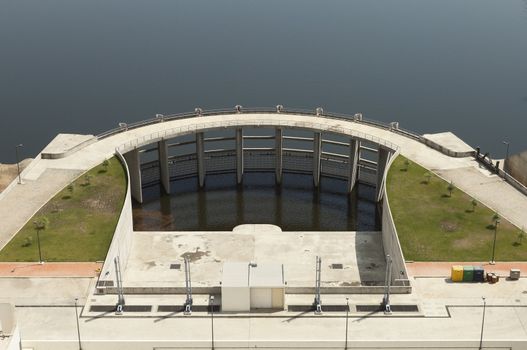 Overview of the downstream side of Alqueva dam in Guadiana river, Alentejo, Portugal