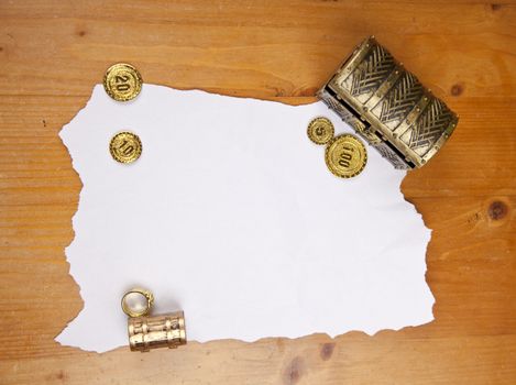 Pirate blank map with treasure, coins and ring