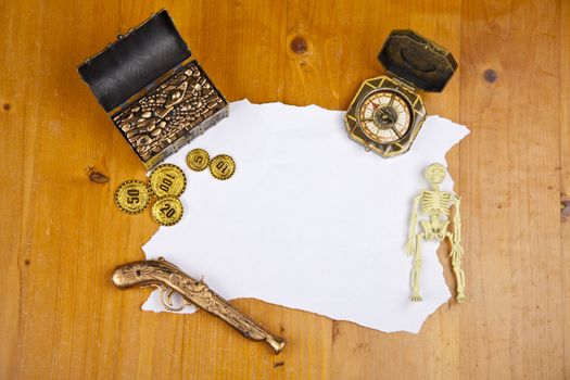 Pirate blank map with treasure, coins, skeleton and compass