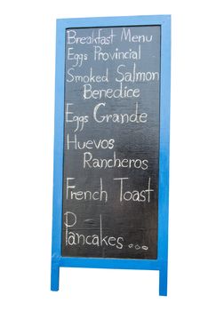 Blue wooden framed breakfast menu, isolated in white