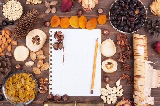 White sheet of paper with a pencil in an environment of nuts and fruits