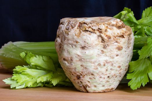 Fresh celery root with it's leafs on wooden table