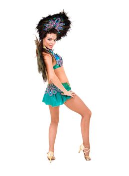 Beautiful carnival dancer woman full length studio portrait isolated on white