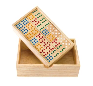 Wooden Domino in wooden box  isolated on white with a clipping path