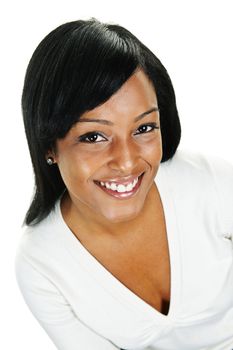 Portrait of black woman smiling isolated on white background