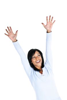 Happy black woman celebrating isolated on white background