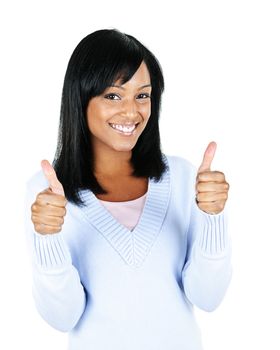 Smiling black woman giving thumbs up gesture isolated on white background