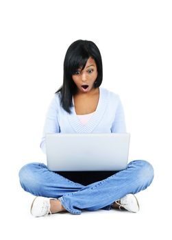 Surprised black woman sitting with computer isolated on white background