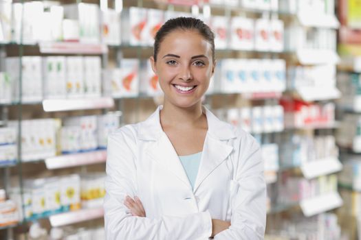 Environmental Portrait of a medical personnel, or doctor in pharmacy