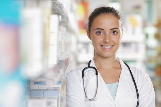 Young woman doctor in pharmacy