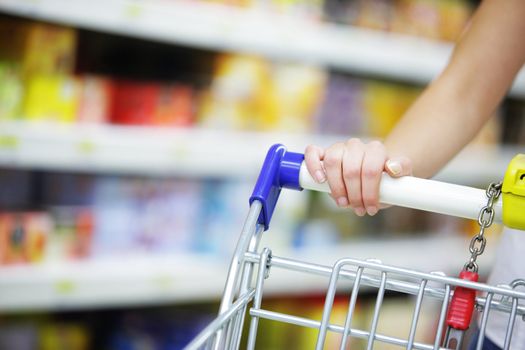 Woman with shopping cart, close up