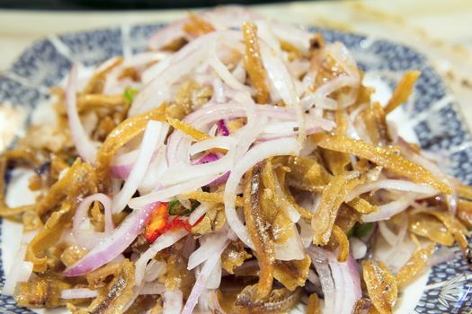 Nonya Peranakan Anchovies with Red Onions and Chili Dish Closeup