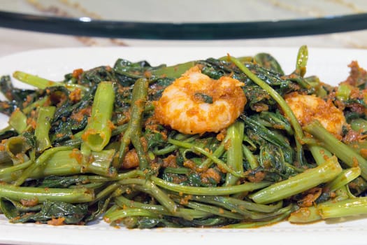 Nonya Peranakan Kangkung Vegetable Blachan Sambal Paste Stir Fry with Prawns Dish Closeup
