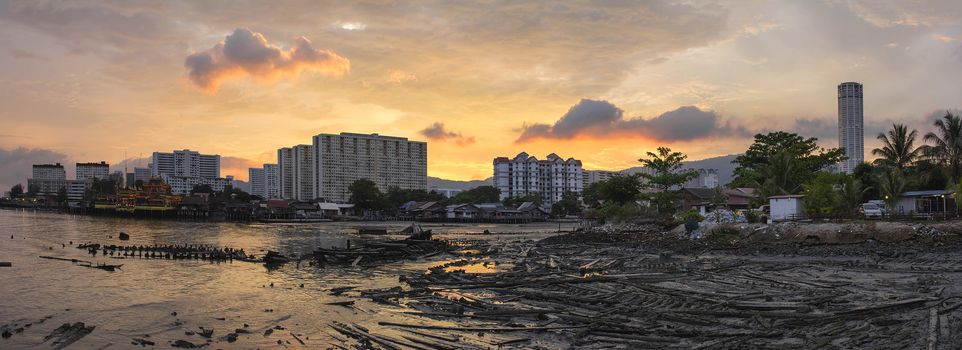 Sunset Over Georgetown Penang Malaysia at Low Tide Panorama