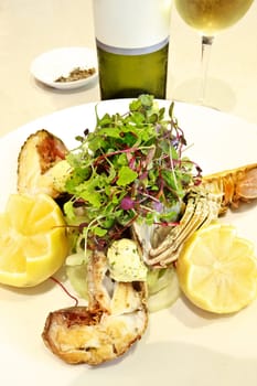 Gourmet seafood platter with lobster and fish topped with a delicious fresh herb salad and served garnished with lemon