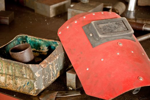 Industrial red welding mask and equipment in industrial