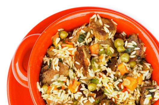 Stir-Fried Beef with White Rice, Carrot and Green Pea in Red Bowl with Saucer closeup on white background. Top View