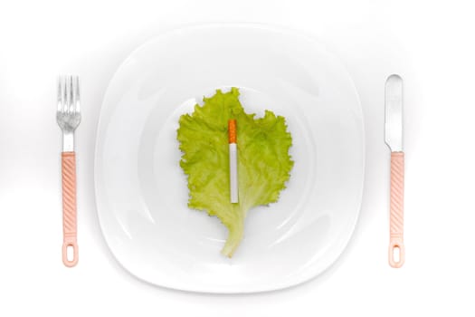Cigarette on the lettuce leaf in the dinner plate