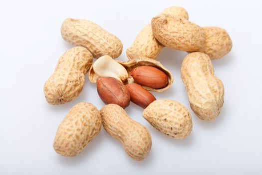 
Dried peanuts in closeup on the white background