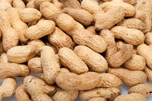 
Dried peanuts in closeup on the white background