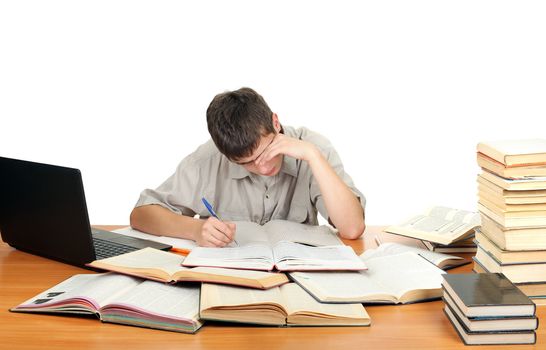 Tired Student on the School Desk is Writing