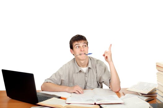 Surprised Student with pen in his mouth rising finger up. On the White Background