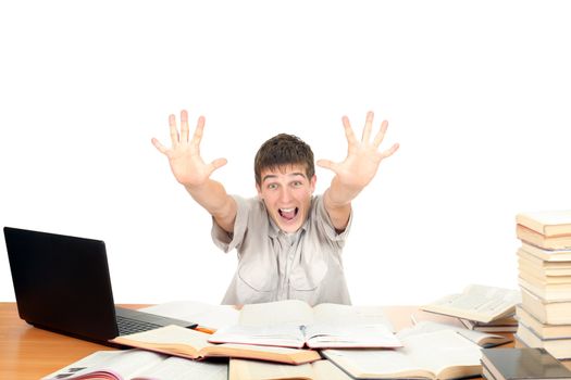 Happy Student on the School Desk shows his palms. Isolated on the White Background