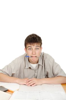 Surprised Student with pen in his mouth. On the White Background
